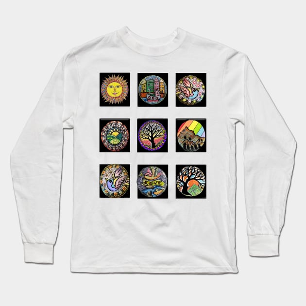 9 small paintings sun,boat,hills,tree,rainbow,bird,birds and trees Long Sleeve T-Shirt by LowEndGraphics